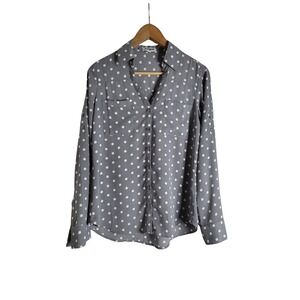 Express The Portofino Shirt Grey Polka Dot Button Down Blouse S Pockets Chic